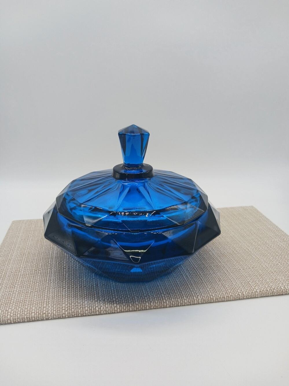 Vintage Viking Glass Bluenique Trinket Box Candy Dish with Faceted Lid MCM